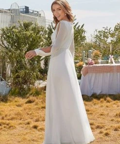 Ever-Pretty US Long Sleeve Appliqued Chiffon Elopement Wedding Dress