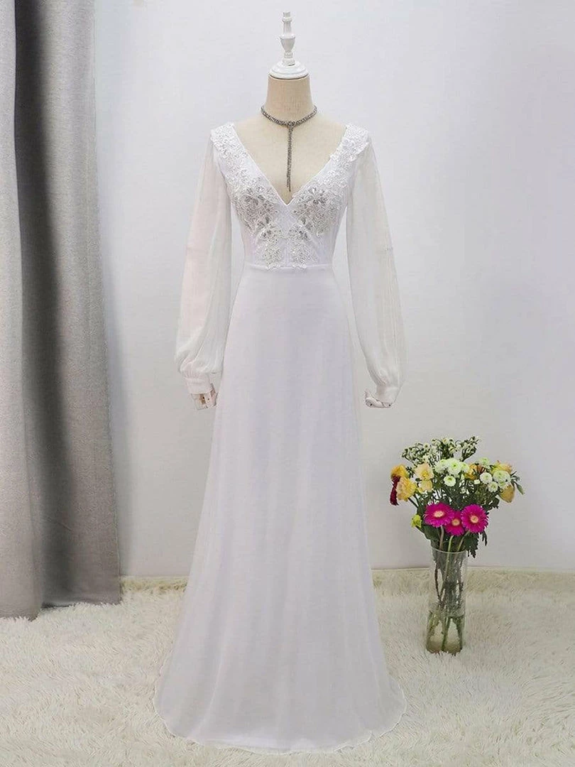 Ever-Pretty US Long Sleeve Appliqued Chiffon Elopement Wedding Dress 3 Ever-Pretty US Long Sleeve Appliqued Chiffon Elopement Wedding Dress