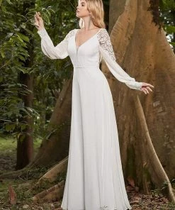 Ever-Pretty US Women's Sexy V Neck Maxi Chiffon Wedding Dress With Lace Shoulder