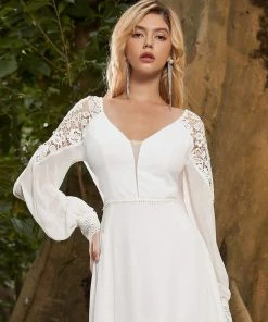 Ever-Pretty US Women's Sexy V Neck Maxi Chiffon Wedding Dress With Lace Shoulder