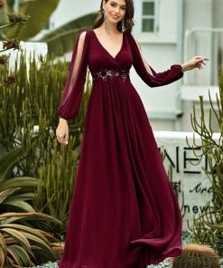 Ever-Pretty US Long Sleeve Dresses Custom Size Chiffon V-Neckline Long Sleeve Formal Evening Dress