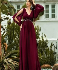 Ever-Pretty US SHOP BY OCCASION Elegant Chiffon V-Neckline Long Sleeve Formal Evening Dress