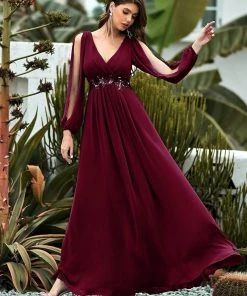 Ever-Pretty US Long Sleeve Dresses Custom Size Chiffon V-Neckline Long Sleeve Formal Evening Dress