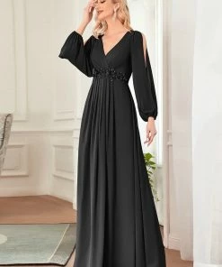 Ever-Pretty US Long Sleeve Dresses Custom Size Chiffon V-Neckline Long Sleeve Formal Evening Dress