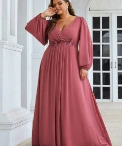 Ever-Pretty US Elegant Plus Size Long Sleeve Maxi Chiffon Formal Evening Gowns