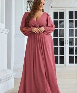 Ever-Pretty US SHOP BY OCCASION Elegant Chiffon V-Neckline Long Sleeve Formal Evening Dress