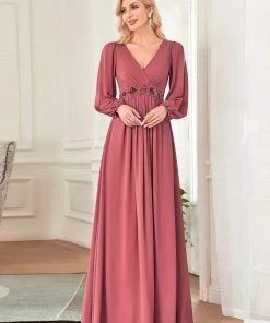 Ever-Pretty US SHOP BY OCCASION Elegant Chiffon V-Neckline Long Sleeve Formal Evening Dress