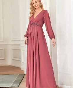 Ever-Pretty US Long Sleeve Dresses Custom Size Chiffon V-Neckline Long Sleeve Formal Evening Dress