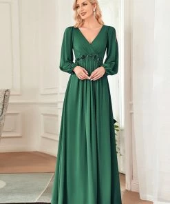Ever-Pretty US Long Sleeve Dresses Custom Size Chiffon V-Neckline Long Sleeve Formal Evening Dress