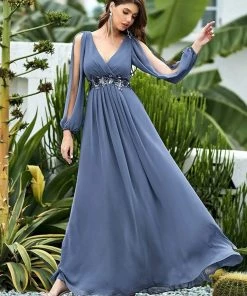 Ever-Pretty US SHOP BY OCCASION Elegant Chiffon V-Neckline Long Sleeve Formal Evening Dress