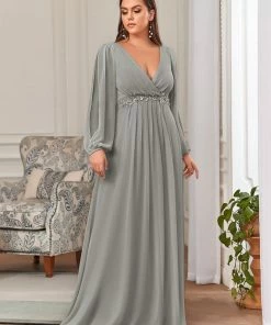 Ever-Pretty US Elegant Plus Size Long Sleeve Maxi Chiffon Formal Evening Gowns