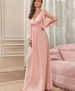 Ever-Pretty US Long Sleeve Dresses Custom Size Chiffon V-Neckline Long Sleeve Formal Evening Dress
