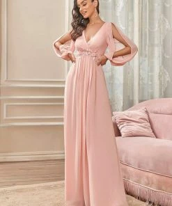 Ever-Pretty US Long Sleeve Dresses Custom Size Chiffon V-Neckline Long Sleeve Formal Evening Dress