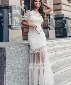 Ever-Pretty US SHOP BY OCCASION Women's Dainty A-Line Lace Midi Casual Dress With Short Sleeves