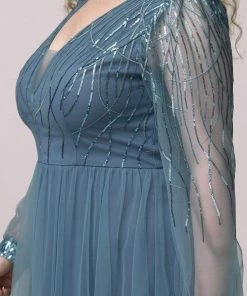 Ever-Pretty US Sequin Bodice Sheer Long Sleeves Maxi Evening Dress