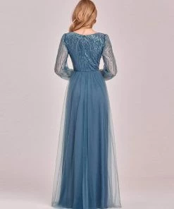 Ever-Pretty US Sequin Bodice Sheer Long Sleeves Maxi Evening Dress