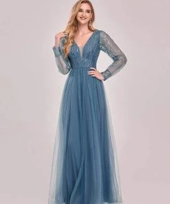 Ever-Pretty US Sequin Bodice Sheer Long Sleeves Maxi Evening Dress