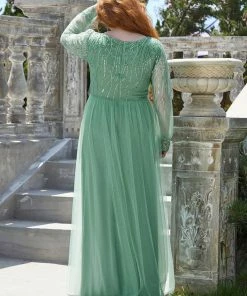 Ever-Pretty US Sequin Bodice Sheer Long Sleeves Maxi Evening Dress