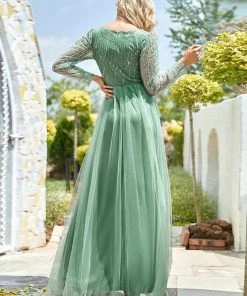 Ever-Pretty US Sequin Bodice Sheer Long Sleeves Maxi Evening Dress