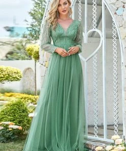 Ever-Pretty US Long Sleeve Dresses Custom Size Sequin Bodice Sheer Long Sleeves Maxi Evening Dress