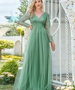 Ever-Pretty US Long Sleeve Dresses Custom Size Sequin Bodice Sheer Long Sleeves Maxi Evening Dress