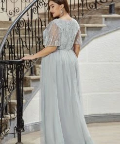 Ever-Pretty US Elegant V Neck Short Sleeve Glitter Tulle Evening Dresses