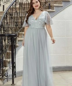Ever-Pretty US Elegant V Neck Short Sleeve Glitter Tulle Evening Dresses