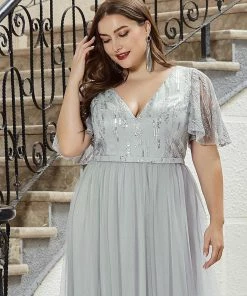 Ever-Pretty US Elegant V Neck Short Sleeve Glitter Tulle Evening Dresses