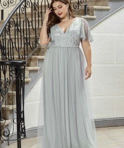 Ever-Pretty US Elegant V Neck Short Sleeve Glitter Tulle Evening Dresses