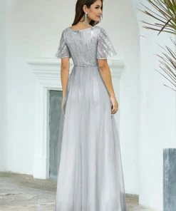 Ever-Pretty US Elegant V Neck Short Sleeve Glitter Tulle Evening Dresses