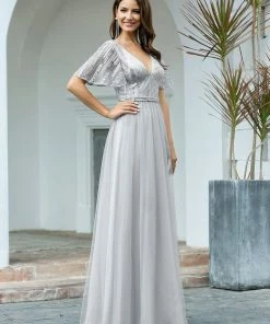 Ever-Pretty US Elegant V Neck Short Sleeve Glitter Tulle Evening Dresses