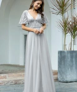 Ever-Pretty US Elegant V Neck Short Sleeve Glitter Tulle Evening Dresses