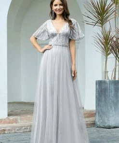 Ever-Pretty US Elegant V Neck Short Sleeve Glitter Tulle Evening Dresses