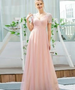Ever-Pretty US SHOP BY OCCASION Sweet V Neck A-Line Tulle Bridesmaid Dress With Sequin