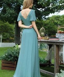 Ever-Pretty US V-neck Lantern Sleeves Maxi Chiffon Bridesmaid Dress