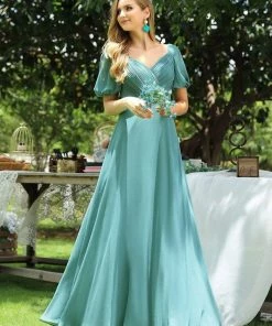 Ever-Pretty US V-neck Lantern Sleeves Maxi Chiffon Bridesmaid Dress