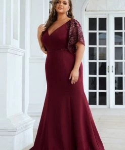 Ever-Pretty US SHOP BY OCCASION Elegant Plus Size V Neck Fishtail Evening Dress For Women