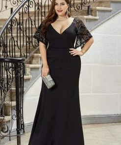 Ever-Pretty US SHOP BY OCCASION Elegant Plus Size V Neck Fishtail Evening Dress For Women