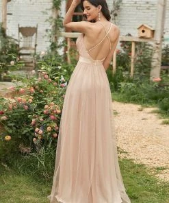 Ever-Pretty US Sexy V-neck Open Back Pleated Maxi Tulle Evening Dresses
