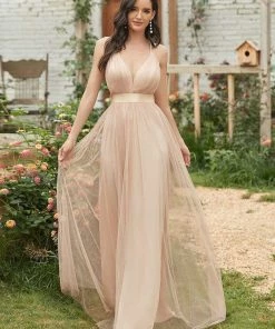 Ever-Pretty US Sexy V-neck Open Back Pleated Maxi Tulle Evening Dresses