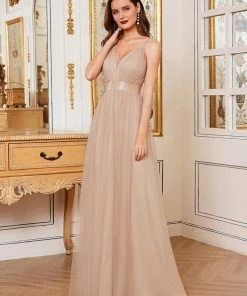 Ever-Pretty US Sexy V-neck Open Back Pleated Maxi Tulle Evening Dresses