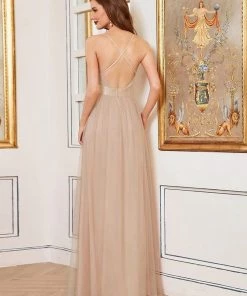 Ever-Pretty US Sexy V-neck Open Back Pleated Maxi Tulle Evening Dresses
