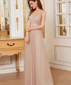 Ever-Pretty US Sexy V-neck Open Back Pleated Maxi Tulle Evening Dresses