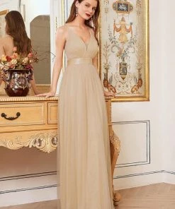 Ever-Pretty US Sexy V-neck Open Back Pleated Maxi Tulle Evening Dresses