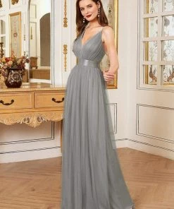 Ever-Pretty US Sexy V-neck Open Back Pleated Maxi Tulle Evening Dresses