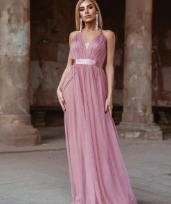 Ever-Pretty US Sexy V-neck Open Back Pleated Maxi Tulle Evening Dresses