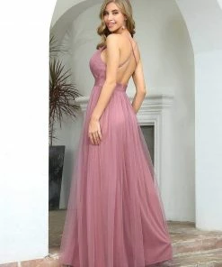 Ever-Pretty US Sexy V-neck Open Back Pleated Maxi Tulle Evening Dresses