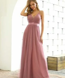 Ever-Pretty US Sexy V-neck Open Back Pleated Maxi Tulle Evening Dresses