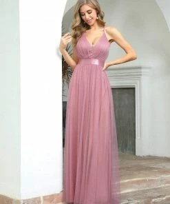 Ever-Pretty US Sexy V-neck Open Back Pleated Maxi Tulle Evening Dresses