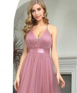 Ever-Pretty US Sexy V-neck Open Back Pleated Maxi Tulle Evening Dresses